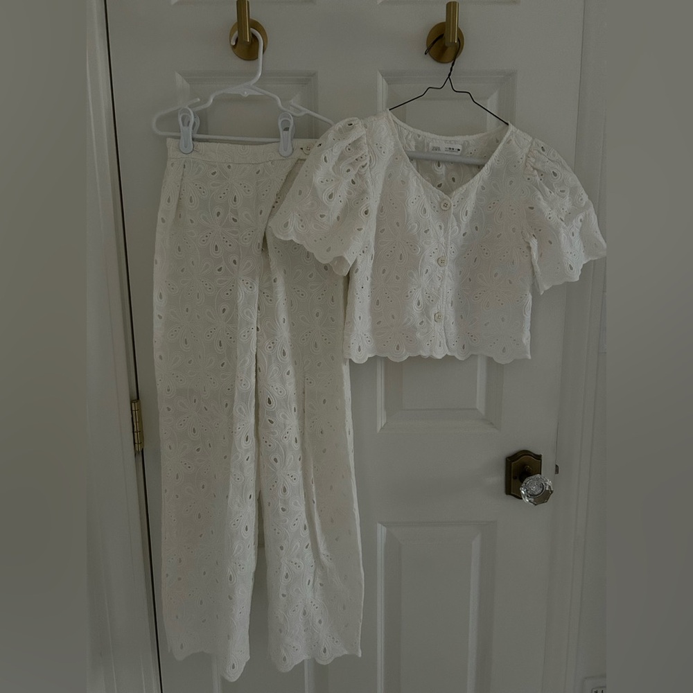 Zara White Eyelet Blouse and Pants set